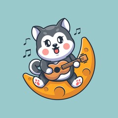 Cute husky dog playing guitar on the moon
