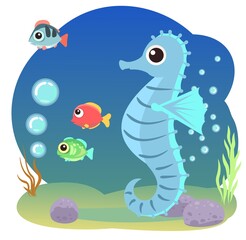 Little landscape. Sea Horse. Underwater life. Wild animals. Ocean, sea. Summer water. Isolated on white background. Illustration in cartoon style. Flat design. Vector art