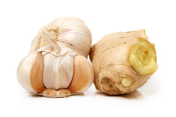 garlic  and ginger on white background.