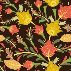 Summer vegetable seamless pattern. Beautiful ornament with interlacing branches and flowers on a dark background. Nicely. Flatly symbolic style. Country wild herbs. Vector