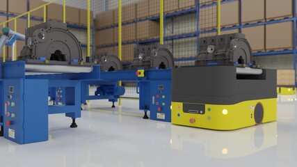 Factory 4.0 concept: An AGV is carrying cylinder block in automotive manufacturing plant. 3D illustration