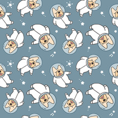 Seamless Pattern of Cute Bulldog Astronaut Design on Dark Blue Grey Background with Stars