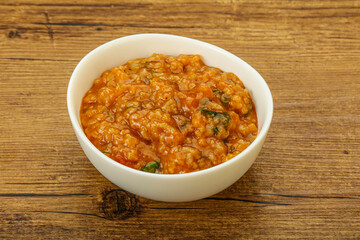 Traditional Georgian Kharcho soup with meat