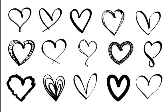 Heart vector set hand drawing. Black heart shape doodle art sketch style, icon, vector illustration
