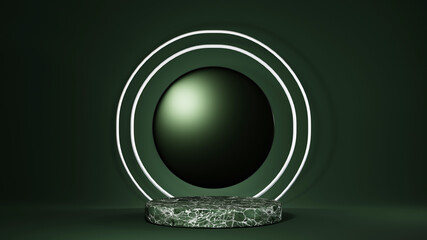 3D rendering of mockup background. Podium for show product. Blank scene showcase with empty round stage.