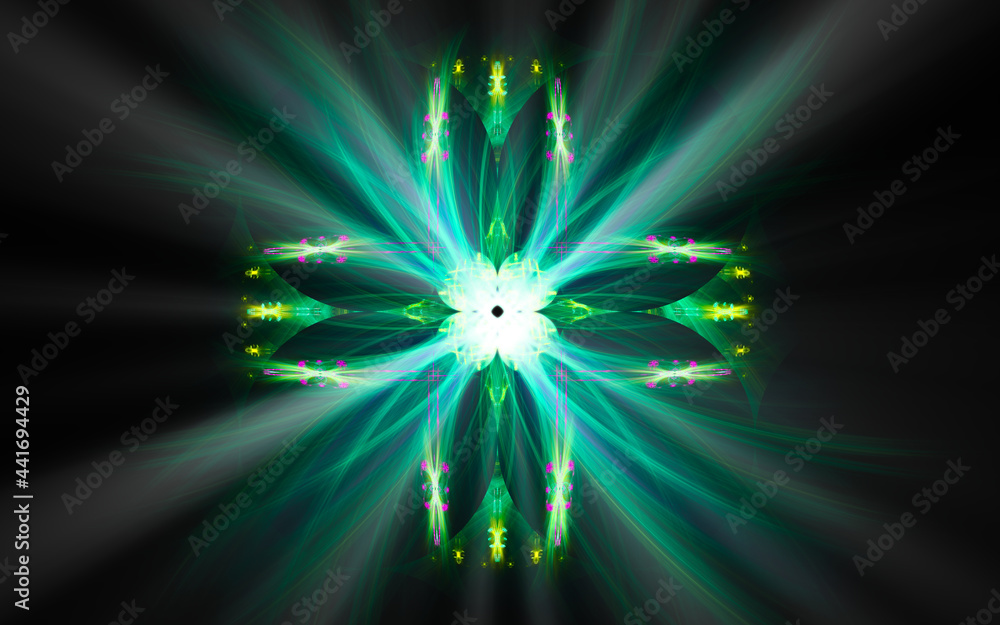 Fototapete abstract illustration of a computer generated fantastic flower of various shapes and shades on a black background for use in symbology, signs for digital design and graphics