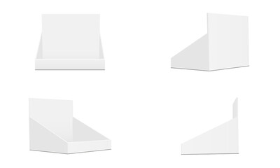 Set of Cardboard Counter Display Boxes Mockups with Various Views, Isolated on White Background. Vector Illustration
