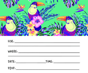 tropical images for invitations, to-do list, leaf decorated with tropical patterns, tropical patterns on invitation letterhead, fill-in letterhead decorated with palm leaves and tropis flowers