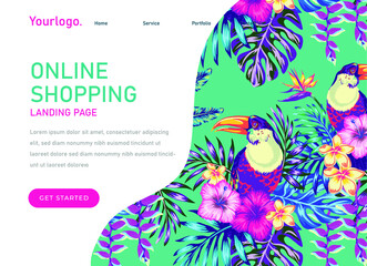 Website landing page, spring summer background with tropical flowers, exotic wallpaper, pastel colors, palm leaves, jungle leaf, hibiscus, bird of paradise flower