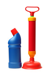Obraz premium Toilet plunger and cleaner bottle on white background