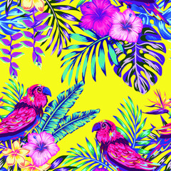 bird of paradise flower, Hand-drawing seamless pattern with tropical birds on the background of exotic hibiscus flower and palm leaf. Summer floral plant print. Nature animals wallpaper. Seamless vect