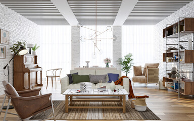 Interior of cozy living room with brick walls and wood furniture, 3d render