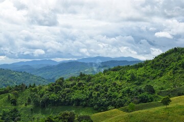 Fototapeta premium Mountains view and clouds in the sky at Doi Mae Salong, Chiang Rai province, THAILAND.