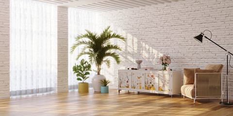 Minimalist interior of living room with with flower painted sideboard and plants, 3d render 