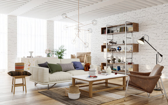 Living room interior with brikc walls, 3d render 