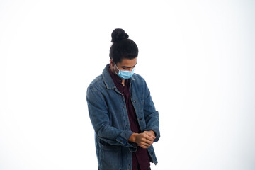 health, pandemic and safety concept - asian young man wearing face protective medical mask for protection from virus disease over white background