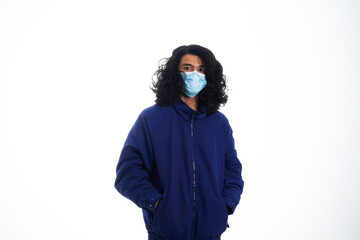 health, pandemic and safety concept - asian young man wearing face protective medical mask for protection from virus disease over white background