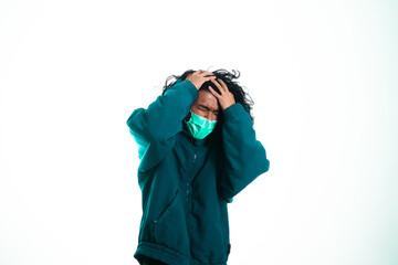 health, pandemic and safety concept - asian young man wearing face protective medical mask for protection from virus disease over white background