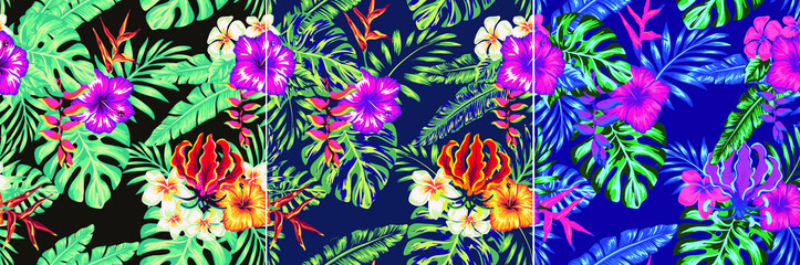 Beautiful seamless vector floral pattern, spring summer background with tropical flowers, exotic wallpaper, pastel colors, palm leaves, jungle leaf, hibiscus, bird of paradise flower
