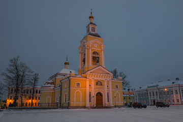 Fototapeta na wymiar Ancient Transfiguration Cathedral in February twilight. Vyborg, Leningrad region. Russia