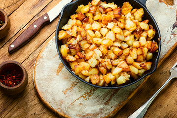 Roasted potatoes in iron skillet