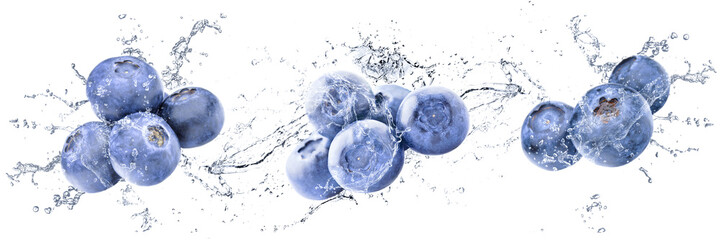Fresh Blueberries with water splash on isolated white background