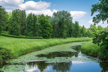 Obraz premium Beautiful natural landscape in the summer time. Green nature landscape. Beautiful colorful summer spring natural landscape with river in Park surrounded by green foliage of trees