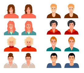 Avatars of people with different facial expressions. People are characters. Women, men multiracial avatars