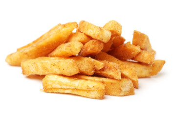 a pile of french fries on white background