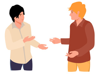 Two young people speaking together. Teenage or adult male characters talking. Scene of dialog between cartoon faceless men. Discussion, exchange of ideas. Flat vector illustration isolated