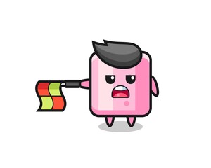 marshmallow character as line judge hold the flag straight horizontally