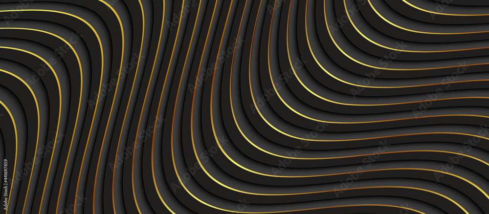 Poster abstract 3d black wavy background with gold pattern. minimalist empty striped blank bg vector illust