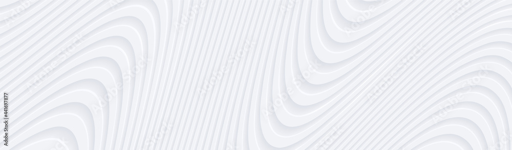 Poster 3D white wavy background for business presentation. Abstract flow elegant pattern. Minimalist empty striped blank BG. Halftone monochrome cover with modern minimal color, vector illustration.