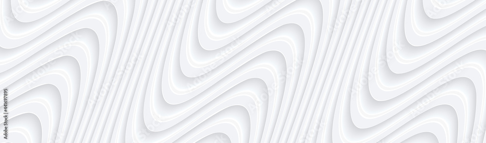 Poster 3D white wavy background for business presentation. Abstract flow elegant pattern. Minimalist empty striped blank BG. Halftone monochrome cover with modern minimal color, vector illustration.