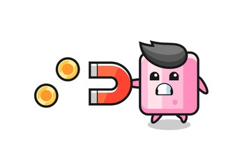 the character of marshmallow hold a magnet to catch the gold coins
