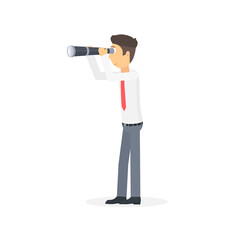 Businessman with spyglass. Looking through a telescope, vector illustration