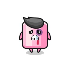 injured marshmallow character with a bruised face