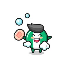 nigeria flag badge character is bathing while holding soap