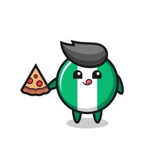 cute nigeria flag badge cartoon eating pizza