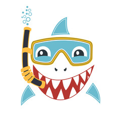 Cute shark face illustration with diving equipment cartoon vector illustration on white background