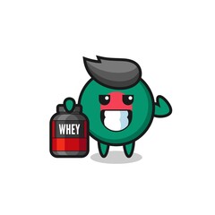 the muscular bangladesh flag badge character is holding a protein supplement