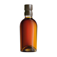 Whiskey bottle illustration. Cognac or burbon package. Brandy alcohol beverage jar design. Old scotch drink flask with cork cap. Vintage burgundy brown glass bottle design