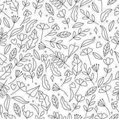 Linear floral seamless pattern with flowers and leaves in doodle style