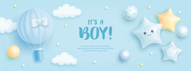 Baby shower horizontal banner with cartoon hot air balloon, helium balloons and clouds on blue background. It's a boy. Vector illustration