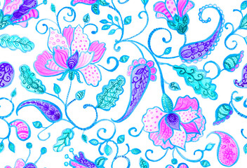 Paisley watercolor floral pattern tile: flowers, flores, tulips, leaves. Oriental indian traditional hand painted water color whimsical seamless print, ceramic design. Abstract india batik background