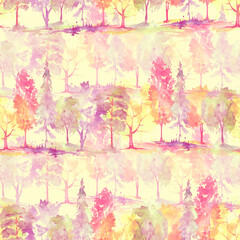 Watercolor autumn trees of yellow, red, orange color. Autumn forest,hill. Watercolor art background. Beautiful splash of paint. Abstract creative seamless background. Country landscape, park. Eco