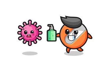 illustration of pencil sharpener character chasing evil virus with hand sanitizer