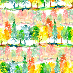 Watercolor autumn trees of yellow, red, orange color. Autumn forest,hill. Watercolor art background. Beautiful splash of paint. Abstract creative seamless background. Country landscape, park. Eco