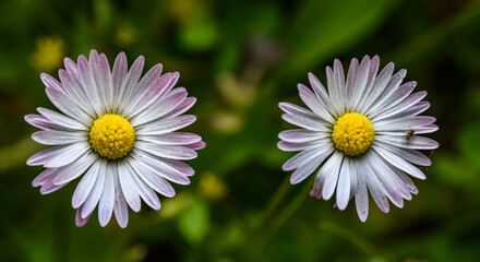 two blossoms of pink common, lawn, or English daisy, bruisewort, or woundwort (Bellis perennis) © Petr