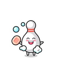 bowling pin character is bathing while holding soap